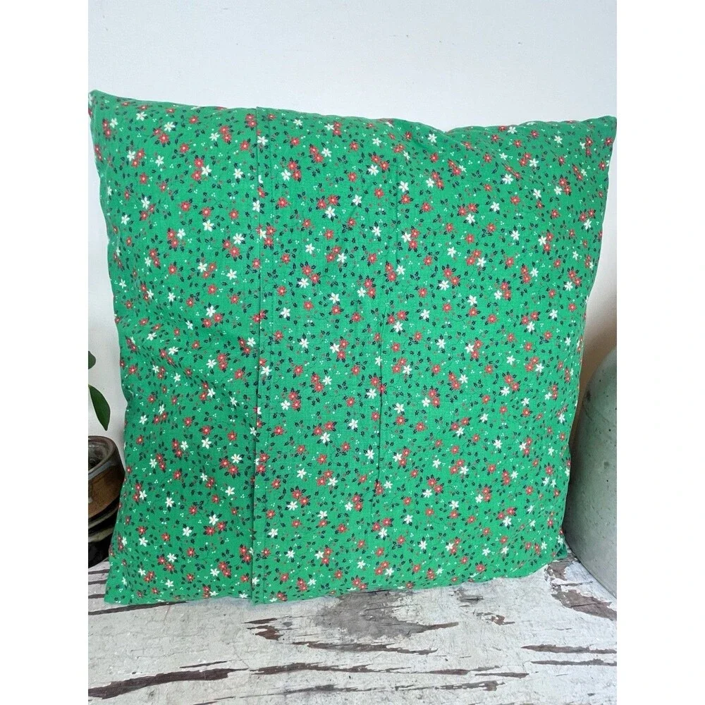 Vintage 1970’s Green Floral Fabric Hand Sewn Square Throw Pillow 15” Cottage